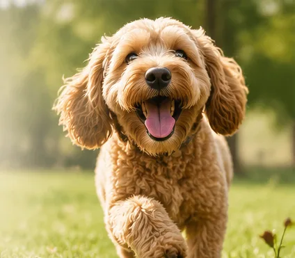 A happy curly-haired dog running across a sunny park